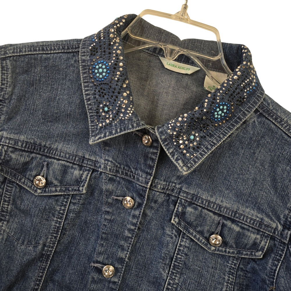 Laura Ashley Embellished Denim Jacket M Beaded Rhinestone Collar Western Boho